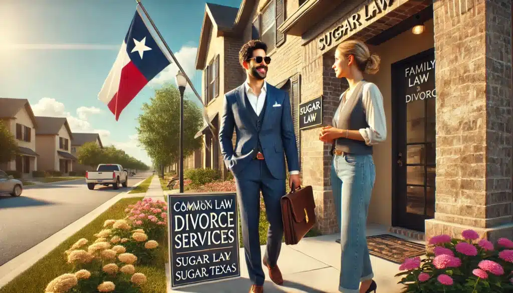 A photo-realistic, cinematic wide-angle image with summer vibes, showcasing an experienced common law divorce attorney in Sugar Land, Texas. The scene features a professional law office exterior with a polished sign reading 'Family Law and Divorce Services.' The attorney, confident and approachable, is pictured outside the office speaking with a client while holding a portfolio. The setting includes details like blooming flowers, a Texas flag, and a sunny suburban street in the background, emphasizing professionalism and local expertise. The mood is warm, inviting, and focused on legal support.