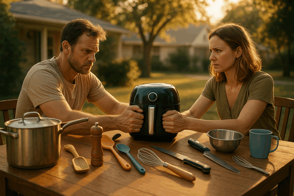 A tense couple sits outdoors at a wooden table during golden hour, both firmly gripping the same black air fryer amid scattered kitchen utensils—symbolizing the emotional and practical challenges of property division during a Texas divorce.