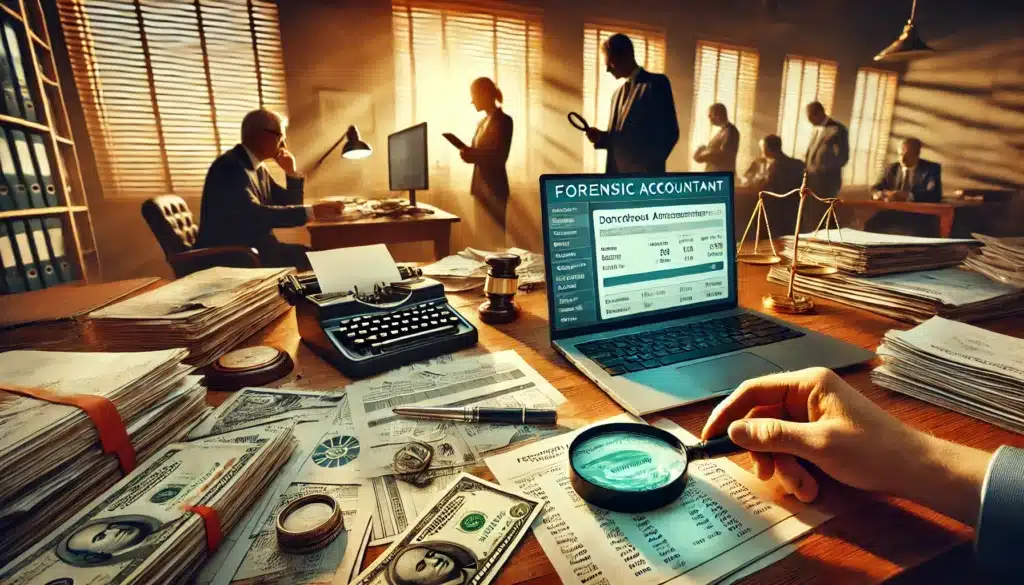 A cinematic, wide-angle, photo-realistic image set in the summer illustrating the process of identifying concealed wealth and hidden assets in a divorce. A desk covered with financial records, bank statements, and a laptop displaying forensic accounting software. A magnifying glass highlights a suspicious transaction on a document. In the background, an attorney and a forensic accountant discuss asset tracing strategies. The setting is professional yet warm, capturing the intensity and importance of uncovering hidden finances. No cameras or text in the image.