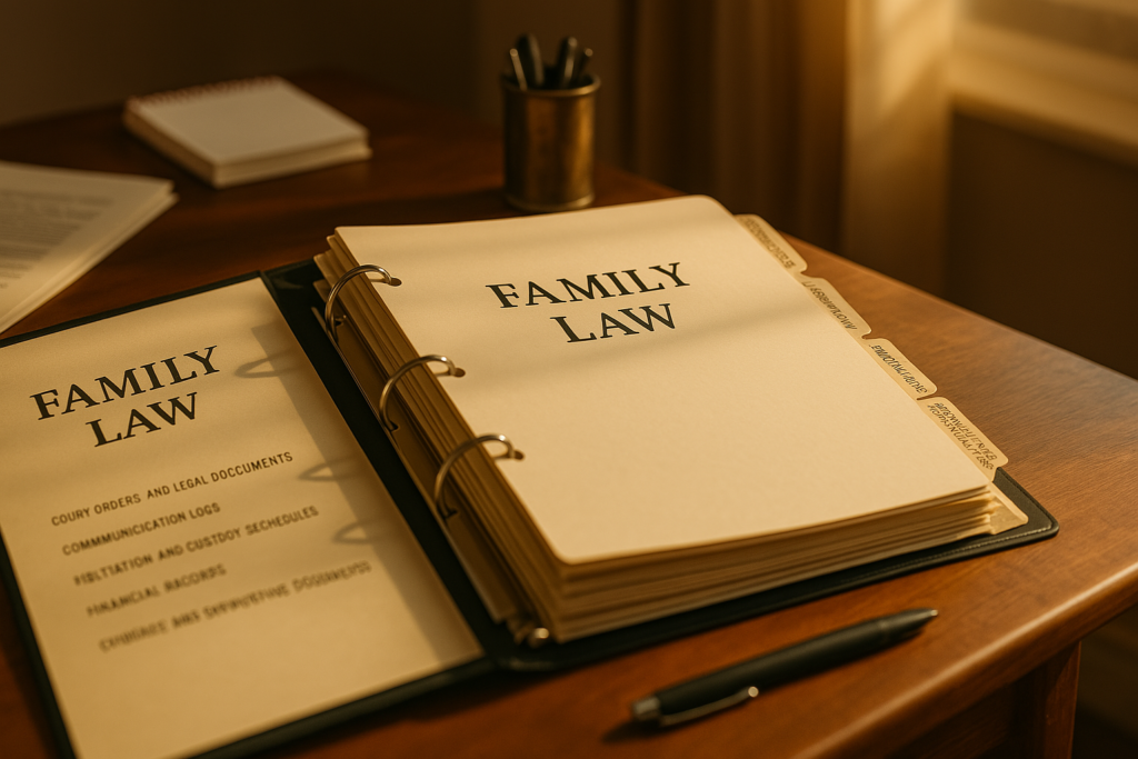 Essential sections of a family law binder for a child custody case.