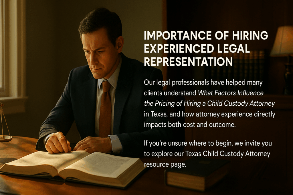 Wide-angle photo of a professional attorney in a dark suit reading a legal book at a wooden desk in a warmly lit law office, with text overlay highlighting the importance of hiring experienced legal representation for child custody cases in Texas.