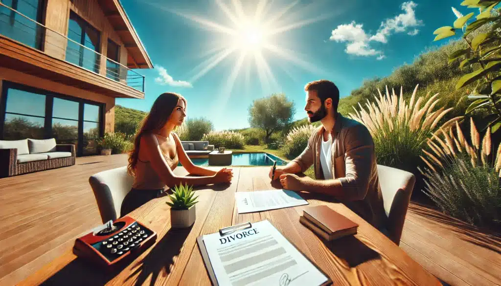 A wide-angle, photo-realistic, cinematic image with summer vibes, showing a couple discussing their divorce process. The setting is outdoors on a warm, sunny day with clear blue skies and lush greenery, evoking a peaceful yet emotionally charged atmosphere. The couple sits at a table, with legal documents in front of them, reflecting the importance of signing divorce papers. The scene captures the tension of the conversation, but the calm summer environment hints at resolution and the possibility of moving forward. The image should feel relatable, capturing both the complexity and hope in the moment.