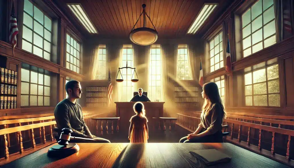 A wide-angle, photo-realistic cinematic illustration depicting the concept of temporary custody in Texas. The image shows a courtroom scene with a judge presiding, parents on opposite sides, and a child in the middle looking thoughtfully between them. The scene is set during summer, with warm lighting coming through large windows, casting a serene yet emotional mood. The background includes legal documents and symbols of justice like a scale, emphasizing the custody decision. The atmosphere is both tense and hopeful, reflecting the importance of the child's well-being.