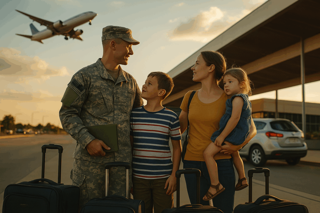 A military father in uniform stands with his family outside an airport, surrounded by luggage, as a plane takes off in the background.
