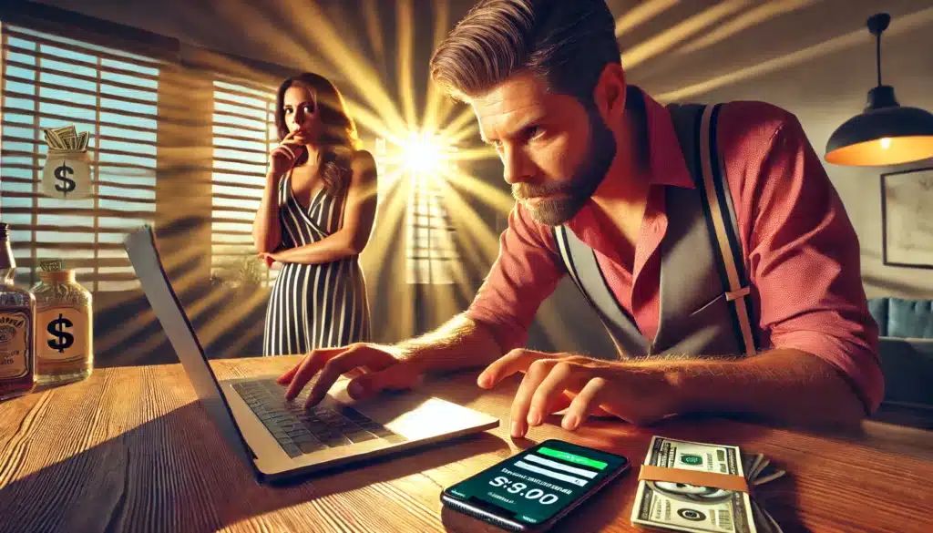 A cinematic, photo-realistic wide-angle image with summer vibes depicting a person secretly transferring money to friends or family to hide assets during a Texas divorce. The individual is seen discreetly making an online transaction on a laptop, while a concerned spouse in the background looks suspicious. A phone displaying a banking app with a large transfer amount is visible on the table. The setting is a modern home office, with warm sunlight streaming through the windows, adding to the dramatic and tense atmosphere.