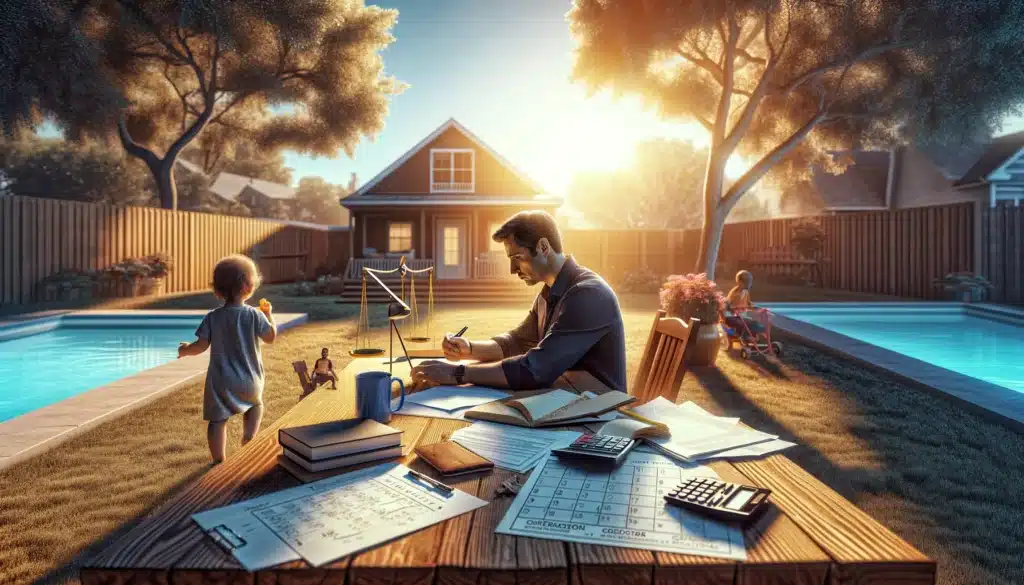 A wide-angle, photo-realistic, cinematic summer-themed image of a parent planning visitation schedules for navigating Texas custody orders. The scene shows a parent sitting outdoors at a wooden table with a bright summer sky in the background. The table is covered with a calendar, legal documents, and a laptop. Nearby, a child plays with a toy, adding a sense of family warmth and responsibility. The environment is serene with trees, sunlight, and a suburban setting evoking summer vibes and determination.