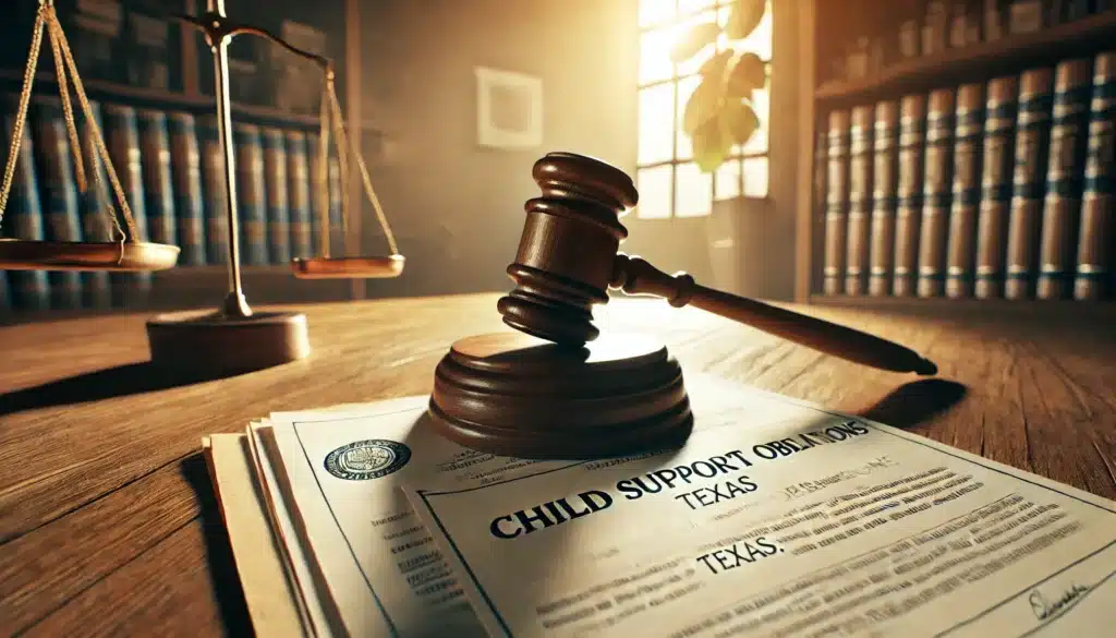 A wide-angle, photo-realistic, cinematic image capturing a summer vibe. The scene features a wooden gavel resting on a stack of legal documents, symbolizing child support obligations in Texas. Sunlight filters through a nearby window, casting a warm glow over the papers. The documents include official-looking text and legal seals, emphasizing their importance. A subtle background of a law office or courtroom setting adds depth to the image, reinforcing the legal theme.