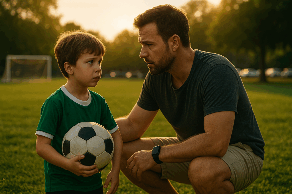 Father comforting son after missed soccer pickup, symbolizing custody change impact.