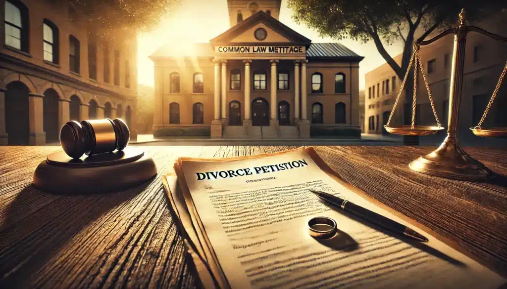 A cinematic, wide-angle, photo-realistic image representing the process of ending a common law marriage in Texas. The image features a close-up of a legal document on a rustic wooden table, with the words 'Divorce Petition' faintly visible. A Texas courthouse is seen in the blurred background, bathed in warm summer sunlight. A wedding ring is placed beside the document, symbolizing separation. The scene evokes a sense of legal formality and emotional complexity.