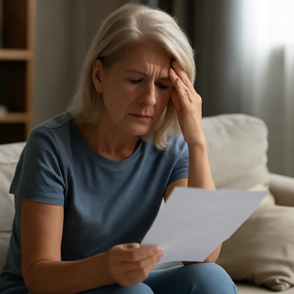 Woman reading document with a concerned expression, reflecting stress related to the Texas probate process and estate management.
