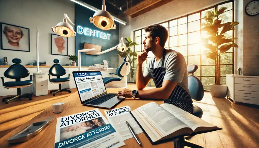 A wide-angle, photo-realistic, cinematic image with summer vibes, showing a dentist in a modern, well-lit office reviewing options for choosing a divorce attorney. The dentist is seated at a desk with a laptop displaying legal websites, printed brochures, and a notepad with handwritten notes. A thoughtful expression is visible as they weigh their options. The background includes subtle dental practice elements like patient charts and tools, with warm natural sunlight streaming through large windows. The atmosphere conveys focus, determination, and the importance of making a critical decision.
