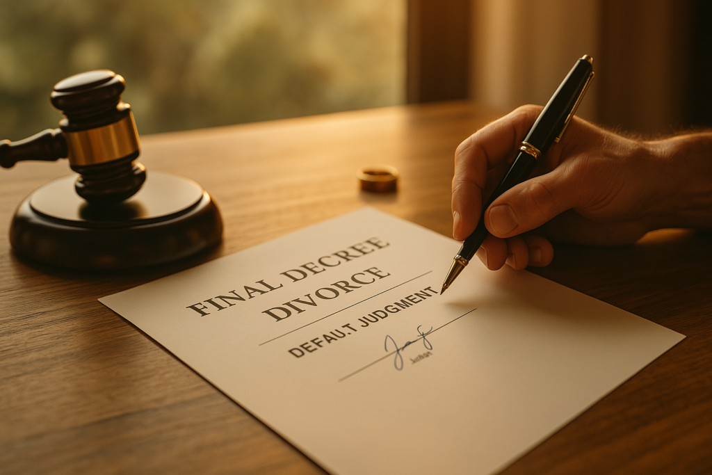 An illustration representing the finalization of a divorce, highlighting the concept of default judgment.