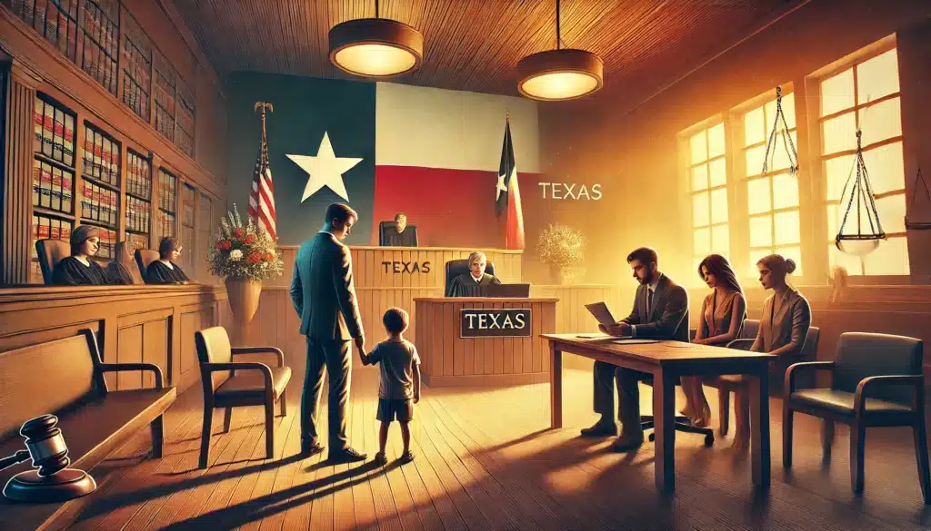 A wide-angle, photo-realistic, cinematic illustration with summer vibes, depicting the legal standards and complexities of child custody modification in Texas. The scene shows a courtroom setting with a judge reviewing documents, a thoughtful parent holding their child’s hand, and a lawyer presenting evidence. The background suggests Texas with subtle state symbols. The environment is warm with natural lighting, emphasizing seriousness, care, and attention to detail in the custody process. The overall image captures the weight of custody modification decisions in a thoughtful and realistic way.