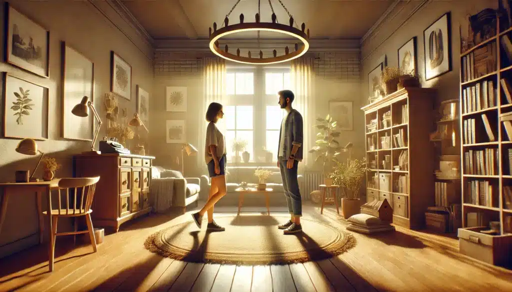 A wide-angle, photo-realistic, cinematic image with summer vibes, representing the concept of establishing a common law marriage. The scene should depict a couple standing in a cozy, sunlit living room, surrounded by meaningful personal items like a shared home, photos, and books. They are casually dressed, holding hands or exchanging a smile, symbolizing the bond of mutual agreement, cohabitation, and public representation. Soft golden light shines through the windows, highlighting their connection and creating an inviting atmosphere. The background should suggest warmth, comfort, and the sense of building a life together, representing the informal yet legally recognized nature of common law marriage.