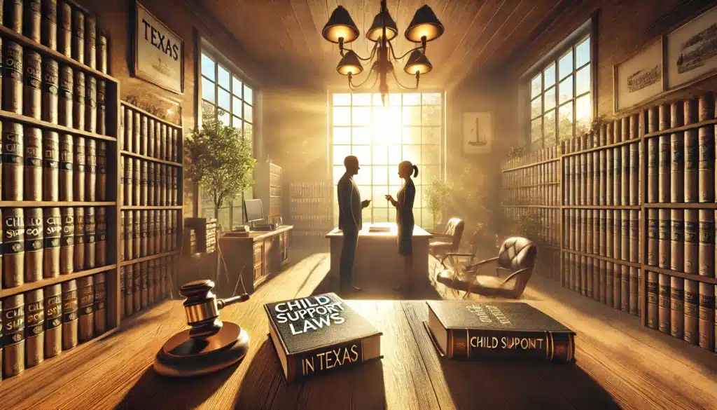 A wide-angle, photo-realistic, cinematic image capturing a professional setting that symbolizes understanding child support laws in Texas. The scene is set in a warm, sunlit Texas law office, with legal books, documents, and a calm, serene atmosphere. A legal advisor is seen explaining child support laws to a client in an inviting office space, reflecting a sense of clarity and trust. The image has summer vibes, with sunlight streaming in through large windows and a subtle view of the Texas landscape outside, creating an atmosphere of support, education, and professionalism.