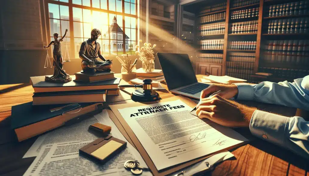 A wide-angle, photo-realistic, cinematic image with summer vibes depicting the process of requesting a spouse to pay legal fees during divorce proceedings. The scene features a desk cluttered with legal documents, highlighted by an official court document requesting attorney fees. A pair of hands is visible, one signing the document with a pen. Sunlight streams through a window, casting a warm summer glow on the scene. In the background, the silhouette of a law office is visible, adding a professional and legal tone to the image, while maintaining the summer vibe.