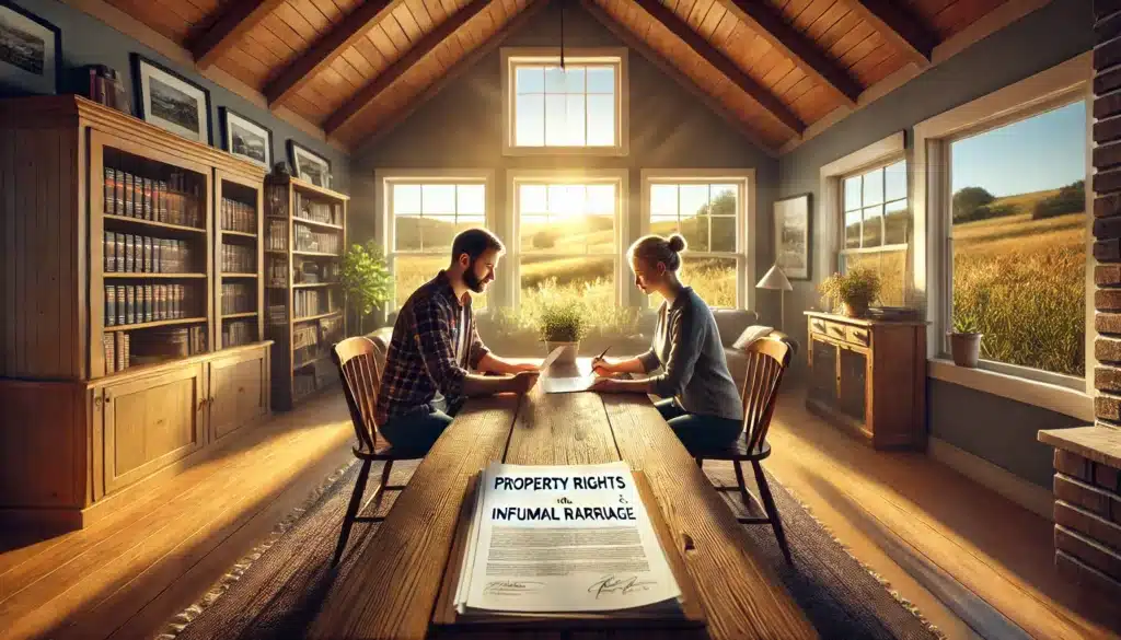 A photo-realistic, cinematic wide-angle image depicting a couple reviewing property documents in their Texas home on a warm summer afternoon. They are seated at a rustic wooden dining table with legal papers labeled 'Property Rights & Informal Marriage' spread out in front of them. The sunlight streams through large windows, casting a golden glow over the cozy setting. In the background, a bookshelf, framed photos, and a view of a peaceful Texas landscape can be seen. The scene conveys a sense of importance and decision-making, emphasizing the impact of informal marriage on property rights.