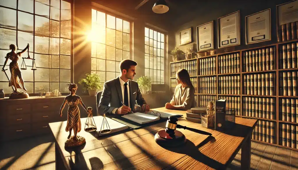 A wide-angle, photo-realistic cinematic image depicting a professional family law attorney in a Texas law office during a summer afternoon. The scene exudes summer vibes with warm sunlight streaming through large windows, casting a golden glow over the office. The attorney, dressed in a sharp suit, sits at a desk reviewing custody case documents with a concerned parent. Legal books, a gavel, and framed certificates line the background, symbolizing expertise and trust. The atmosphere conveys confidence and reassurance, highlighting the importance of working with an experienced family law attorney in custody cases.