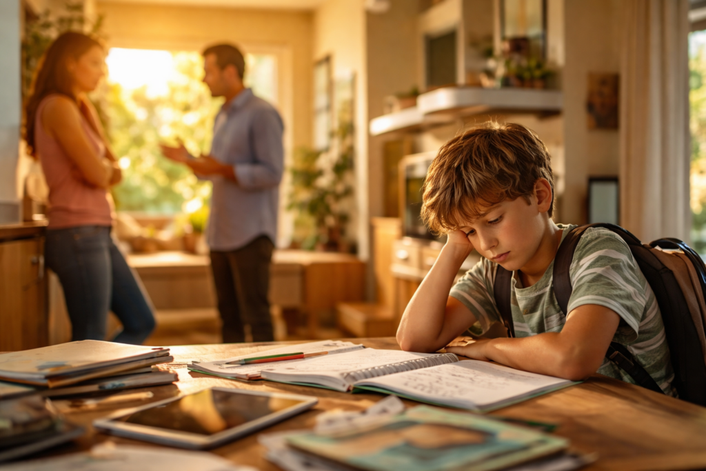 Child struggling with homework while parents argue in background during divorce at home in Richmond Texas