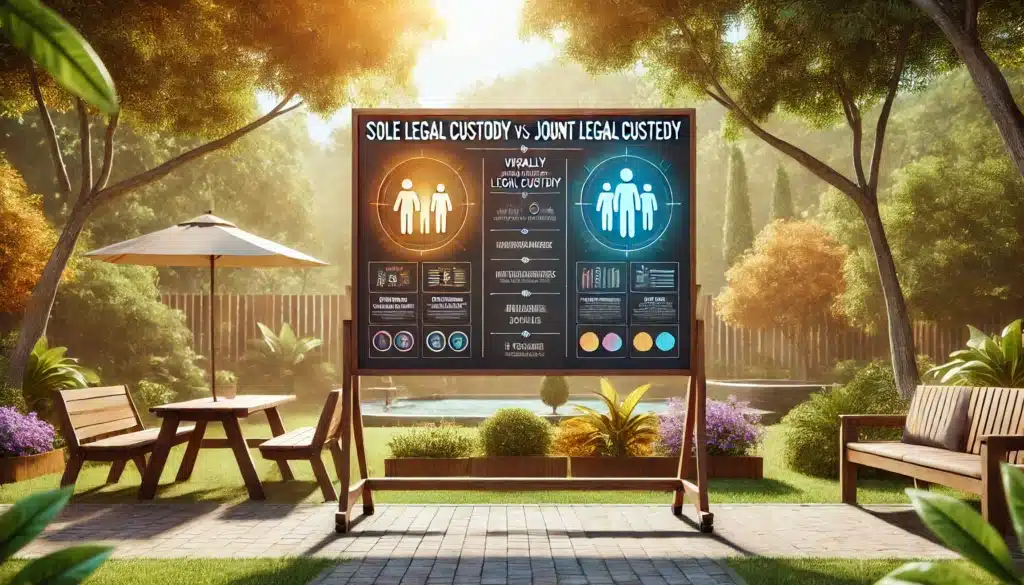 A cinematic, photo-realistic wide-angle image of a visually engaging comparison chart set outdoors in a serene summer environment. The chart compares sole legal custody and joint legal custody, displayed on a large wooden board with clear headings and colorful infographics. The scene includes warm sunlight, lush green trees, and a peaceful backdrop of a park or garden, evoking calm and focus. The setting captures the essence of family law topics in a visually appealing and inviting manner.
