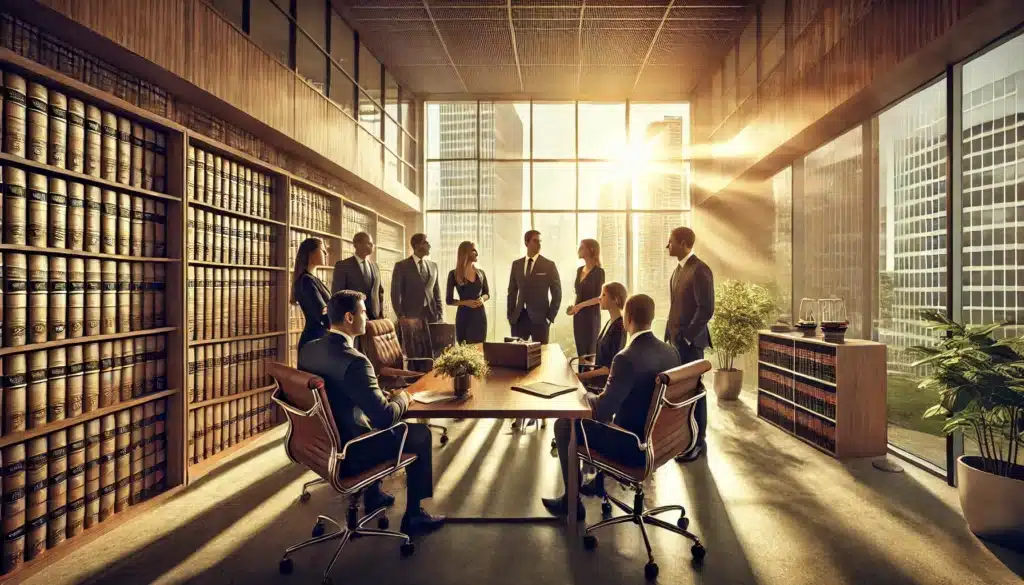 A cinematic, wide-angle, photo-realistic image of a group of experienced Houston, Texas family law attorneys gathered in a professional law firm office. The setting features large windows with natural summer sunlight streaming in, modern legal bookshelves, and a polished conference table. The attorneys, dressed in professional attire, are engaged in a discussion, exuding confidence and expertise. The warm, golden lighting enhances the summer ambiance, creating a welcoming yet serious atmosphere.