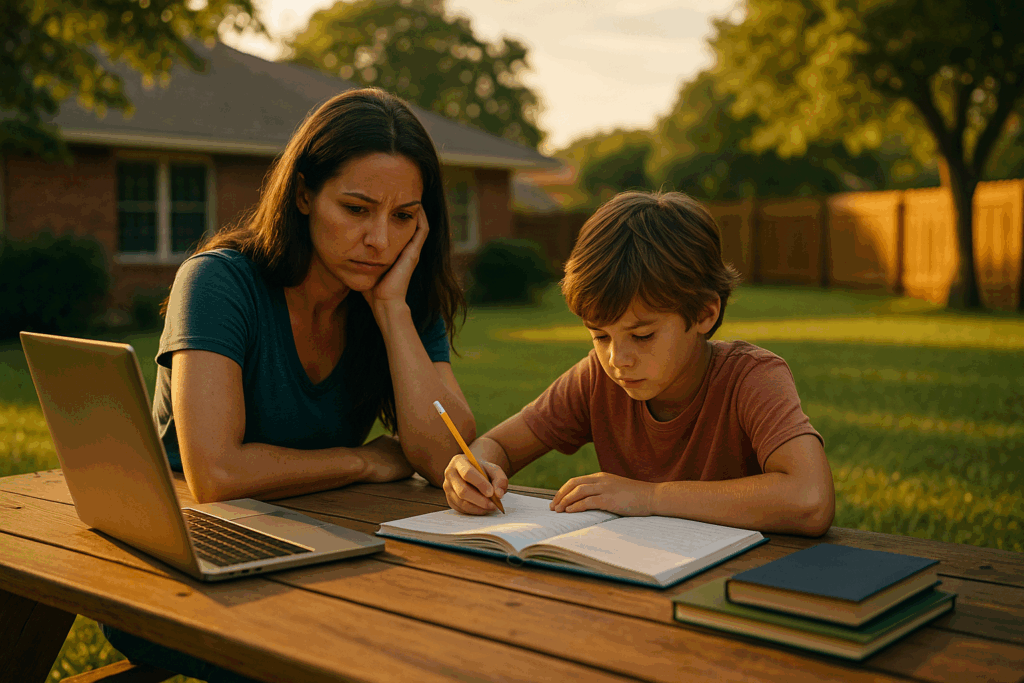 A mother helps her child with homework at a picnic table on a warm Texas afternoon, symbolizing family balance and legal support.