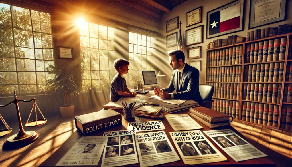 A cinematic, photo-realistic wide-angle image depicting a custody case scenario with evidence of risks posed by the other parent. The setting is a lawyer's office bathed in warm summer sunlight streaming through large windows. On the desk, a lawyer is reviewing detailed evidence with a concerned father. The desk is cluttered with police reports, medical documents, and a photo album showing concerning scenes like unsafe living conditions and signs of neglect. The father appears focused yet worried, while the lawyer takes notes with a determined expression. The room feels professional yet calm, with legal bookshelves, certificates on the wall, and a Texas state flag in the background. The warm ambiance contrasts with the tension of the situation.