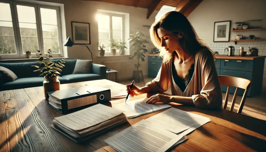 A cinematic, photo-realistic wide-angle image with summer vibes. A parent sitting at a wooden dining table, deeply focused on reviewing legal documents related to relocation. Papers are spread across the table, including folders, a pen, and a notepad with handwritten notes. The parent holds a paper in one hand while thoughtfully tapping a pen on their chin. Sunlight streams through a nearby window, casting a warm, golden glow on the room. The atmosphere feels calm yet serious, emphasizing the weight of their decision and the careful planning required for relocation.