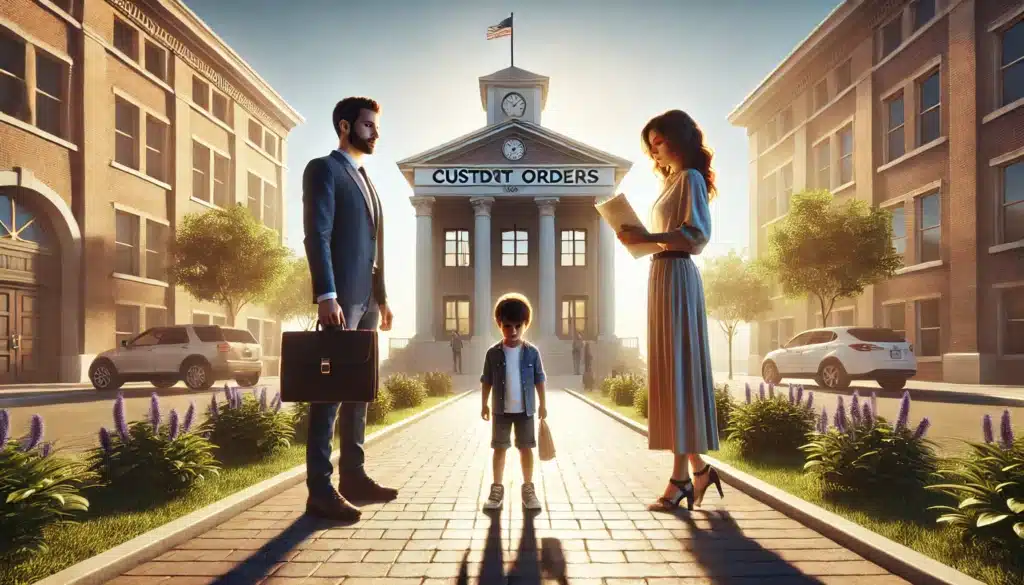 A wide-angle, photo-realistic, cinematic image illustrating the role of court orders in custody and visitation. The scene takes place on a sunny summer day in a peaceful courthouse square. A father and mother stand on opposite sides, holding legal documents, while a child stands in the middle, symbolizing the custody arrangement. In the background, a courthouse building is visible, subtly highlighting the legal aspect of the situation. The atmosphere is bright, with clear skies and greenery, giving the image a balanced and serene vibe, despite the serious context. The lighting is warm, capturing the summer vibes while maintaining the focus on the importance of court orders in custody and visitation cases.