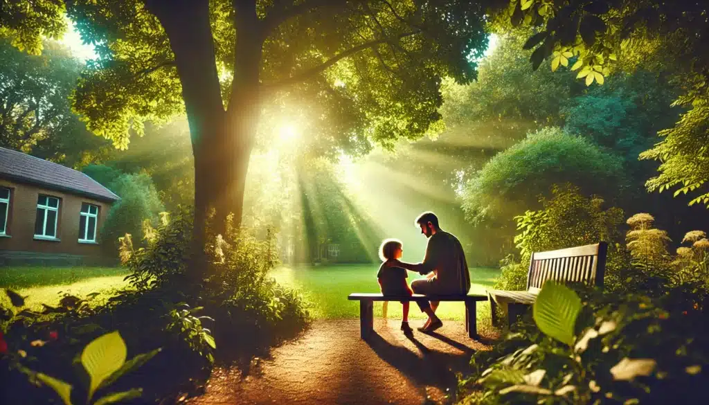 A wide-angle, photo-realistic, cinematic image of a summer day showing a parent navigating visitation issues with a child. The scene features a heartfelt moment in a park setting, with the parent and child sitting on a bench under a tree, sunlight filtering through the leaves. The parent is gently talking to the child, conveying support and understanding during a challenging time. The background includes vibrant greenery, soft summer sunlight, and a serene atmosphere, emphasizing warmth, care, and connection. No words or camera equipment are visible in the image.