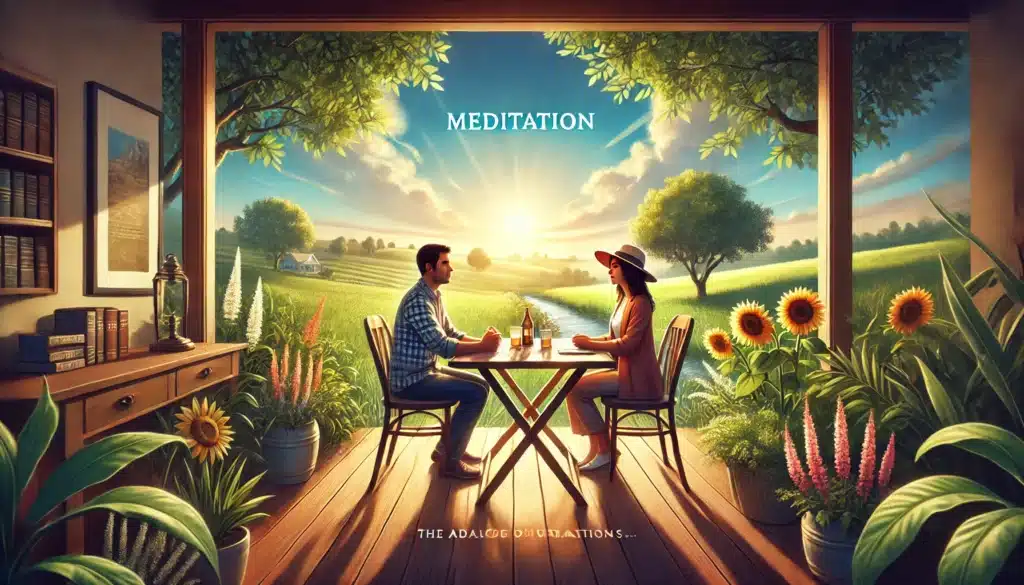 A cinematic, photo-realistic wide-angle illustration of a peaceful summer setting depicting the mediation process in Texas. Two individuals, a man and a woman, sit at a table in a friendly, relaxed outdoor environment, discussing their divorce mediation calmly. The background features a lush Texas landscape with warm sunlight, blue skies, and green fields. The scene emphasizes harmony and communication, visually showcasing the advantages of mediation, such as peaceful negotiation, cost savings, and mutual decision-making. Summer vibes fill the image, with natural elements that create an inviting, positive atmosphere for discussion.