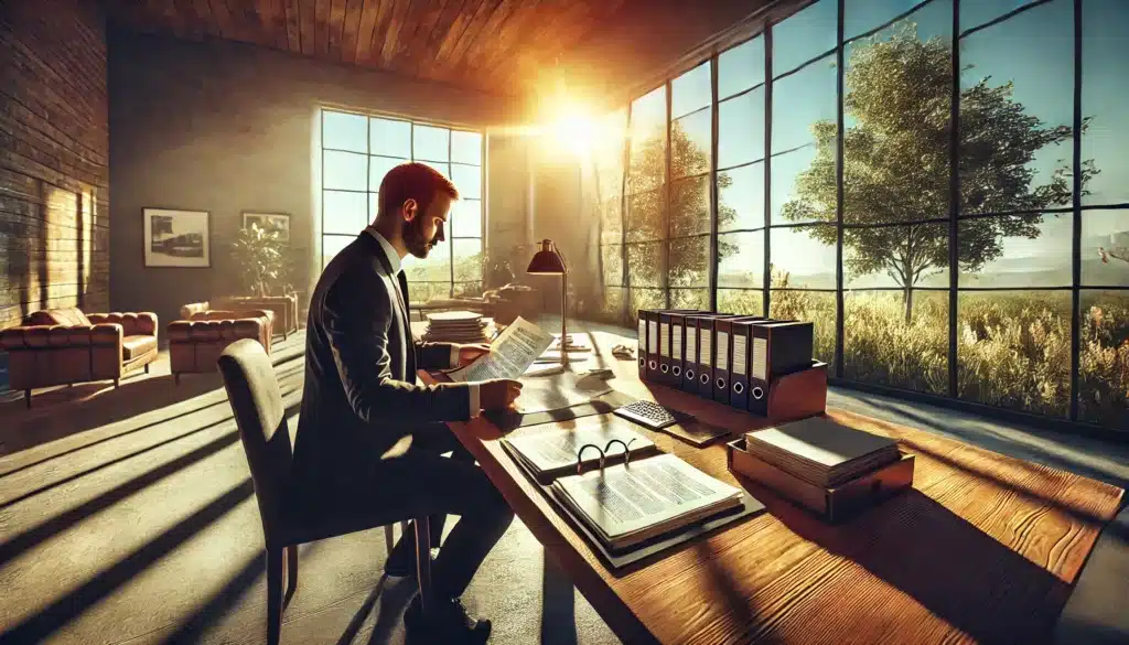 A wide-angle, photo-realistic, cinematic summer scene showing a family law attorney reviewing a case file in a modern office setting. The attorney is seated at a wooden desk with legal documents spread out, intently focused on the papers. The bright summer sunlight streams through large windows, casting a warm glow over the office. Outside the windows, lush green trees and a clear blue sky emphasize the summer vibes. The environment feels professional yet relaxed, with the attorney working in a calm, focused manner.