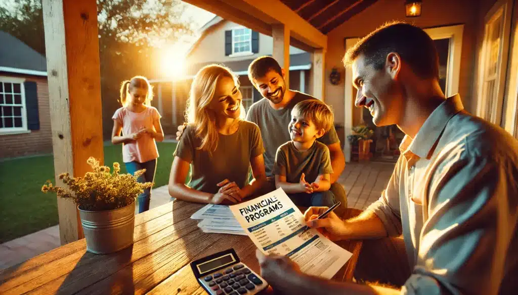 A wide-angle, photo-realistic, cinematic image capturing the concept of financial assistance for foster care adoption in Texas. The scene is set in a warm summer afternoon at a Texas home, where a happy adoptive family is reviewing financial documents at a wooden table. A social worker is explaining support programs while the family smiles with relief. In the background, children play joyfully in the yard, symbolizing stability and a bright future. The golden-hour lighting enhances the hopeful and warm atmosphere.