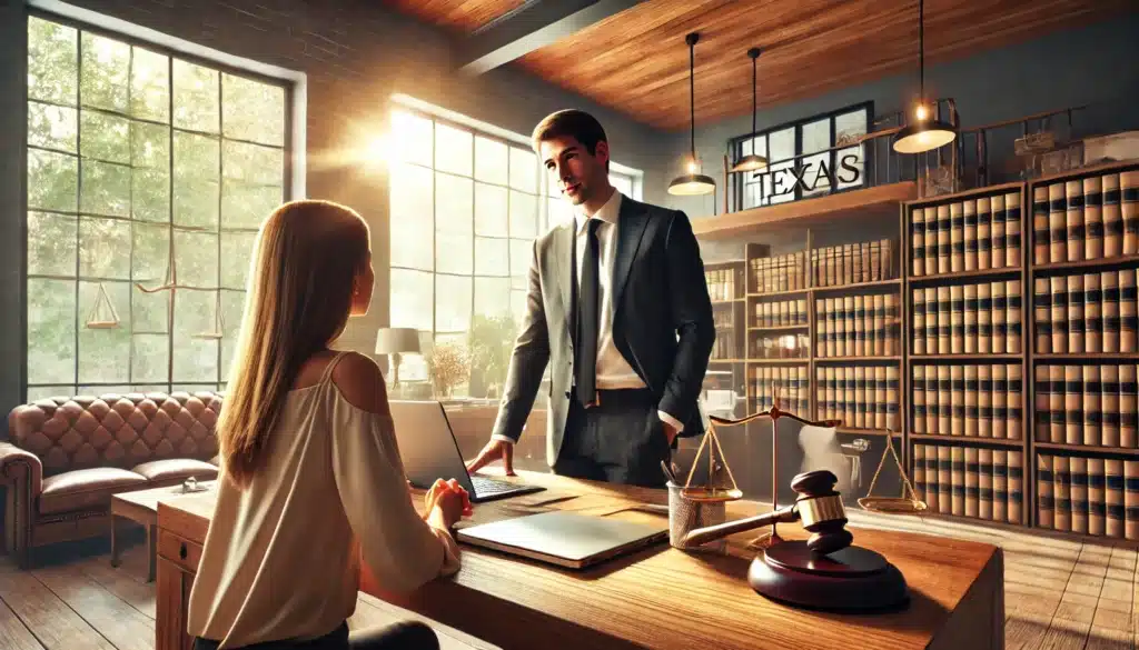 A wide-angle, photo-realistic, cinematic summer scene showing a skilled divorce attorney providing legal representation to a client. The setting is a modern law office with a professional yet approachable ambiance, featuring a wooden desk, neatly arranged legal documents, and a laptop. The attorney appears confident and focused, while the client listens intently. Sunlight streams through large windows, illuminating the room with a warm, natural glow that enhances the summer vibes. In the background, shelves with law books and subtle Texas-themed decor add a sense of location and authenticity.