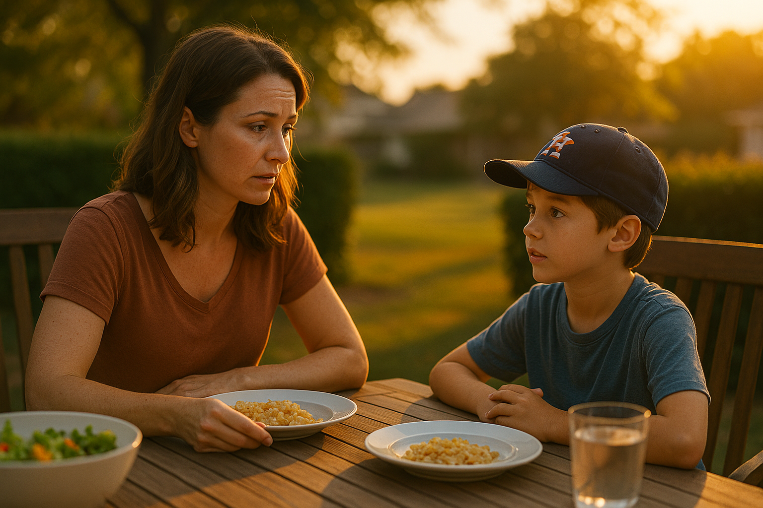 A mother and her young son share a quiet dinner outdoors at sunset, symbolizing the emotional and financial challenges families face after divorce in Texas.
