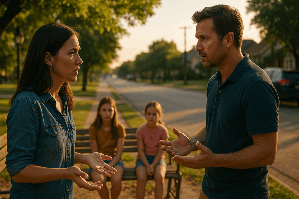 Parents discussing child custody arrangements at sunset in a suburban Texas neighborhood, reflecting family law disputes.