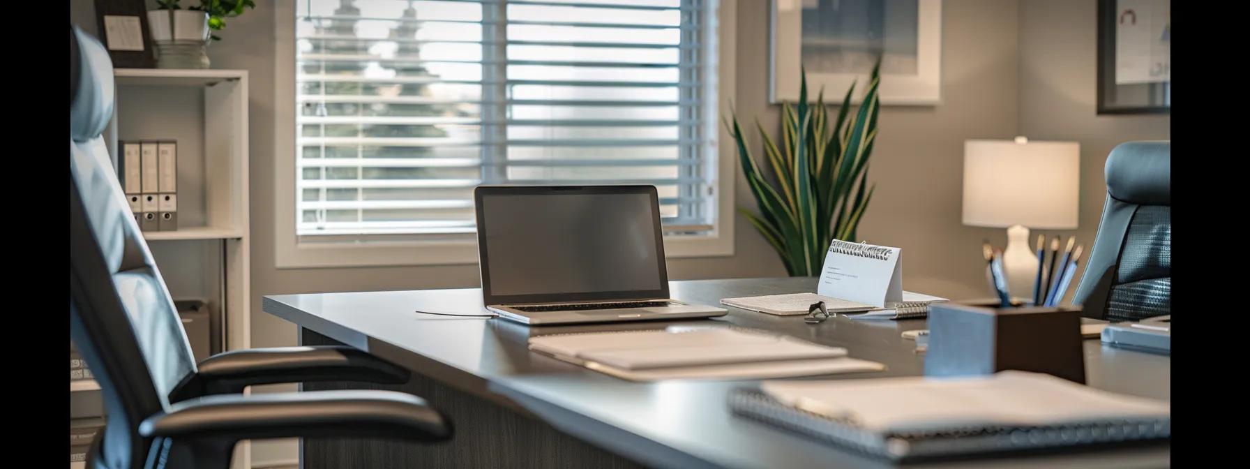 a focused and organized office space features a neatly arranged desk with essential legal documents, a laptop opened to a parenting plan, and a calm parent engaging in a mock negotiation with an attorney, emphasizing the seriousness of preparation for a child custody hearing.