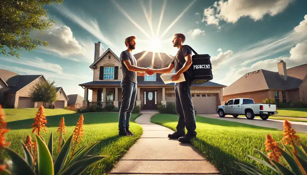 A wide-angle, photo-realistic, cinematic image with summer vibes. The scene represents the importance of serving the respondent in Texas family law cases. A determined process server hands over legal documents to a reluctant respondent standing in front of a suburban house. The setting features bright sunlight, lush green lawns, a clear blue sky, and a peaceful yet serious atmosphere. The image captures the legal significance of proper service while maintaining a dramatic, storytelling feel.
