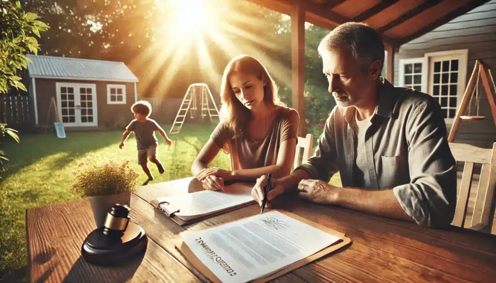 A wide-angle, photo-realistic cinematic image with summer vibes. A concerned parent sits at an outdoor table, reviewing legal documents related to temporary custody in Texas. A lawyer or trusted friend sits across from them, offering guidance. In the background, a child plays happily in the yard, symbolizing stability and care. The warm Texas sunlight filters through the trees, creating a hopeful and reassuring atmosphere.