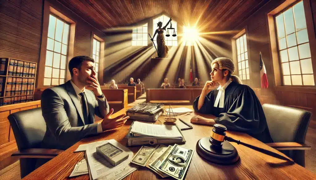 A wide-angle, photo-realistic, cinematic summer scene showing a courtroom setting where a judge is handing down a ruling in a Texas divorce case. A spouse looks shocked and distressed while the other sits confidently with their attorney. Legal documents, financial records, and evidence of hidden assets are spread out on the lawyer’s table. Sunlight streams through the large courtroom windows, creating a dramatic contrast between the serious atmosphere and the warm summer vibes outside.