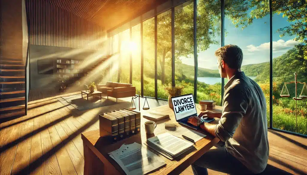 A wide-angle, photo-realistic, cinematic summer scene showing a person researching potential divorce lawyers on a laptop. The person is seated at a modern, sunlit desk, with large windows in the background overlooking a vibrant, green summer landscape. Sunlight streams into the room, casting a warm glow. On the desk are notes, legal documents, and a coffee cup, suggesting the person is engaged in thorough research. The atmosphere is calm but focused, reflecting the seriousness of the decision. The image evokes a sense of contemplation and preparation.