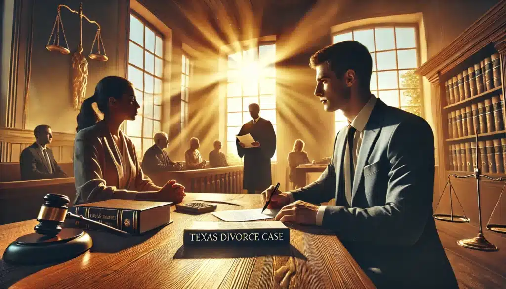 A cinematic, photo-realistic wide-angle image with summer vibes, showcasing the importance of legal representation in divorce proceedings. The image features a confident attorney sitting at a polished wooden desk, reviewing legal documents labeled 'Texas Divorce Case' with a client. In the background, a courtroom with a judge presiding and another couple in discussion highlights the legal process. Warm sunlight streams through large windows, casting a golden glow that contrasts with the serious yet supportive atmosphere. The scene emphasizes the value of expert legal guidance in navigating a divorce.