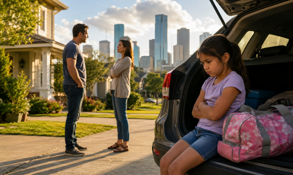 Young girl sitting in the back of an SUV during a tense custody exchange between divorced parents in a Houston neighborhood during summer.