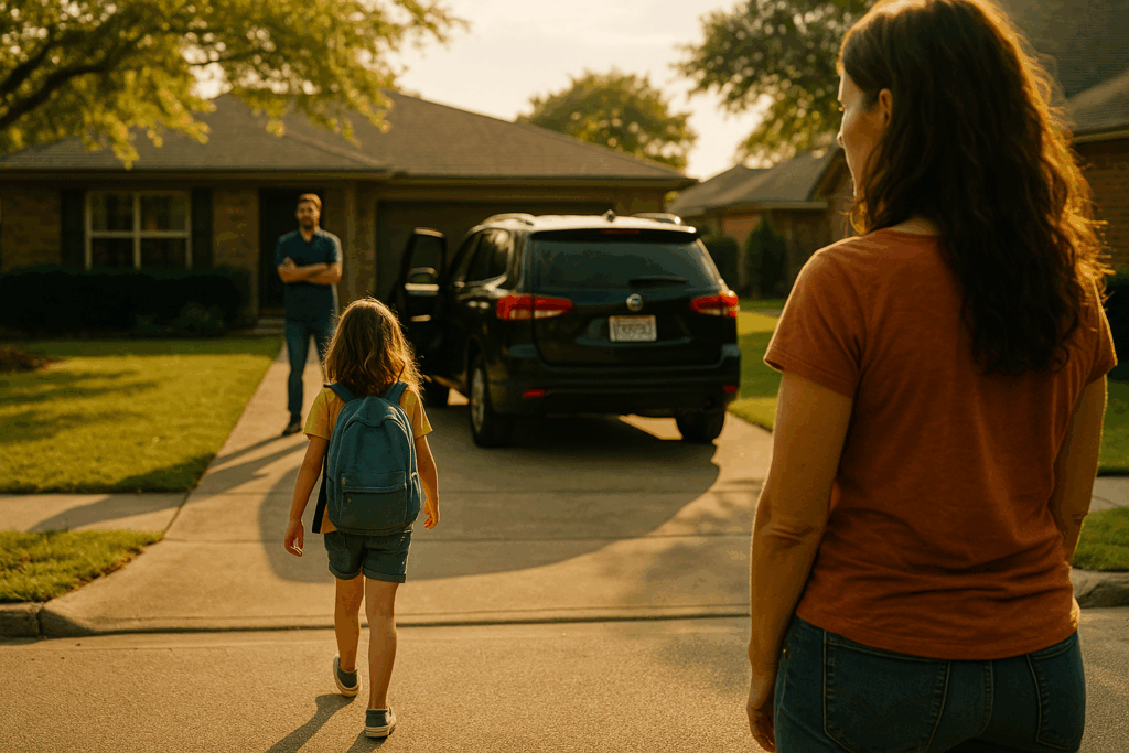Young girl walks toward father’s SUV during custody exchange on a sunny suburban driveway, capturing the emotional reality of co-parenting.
