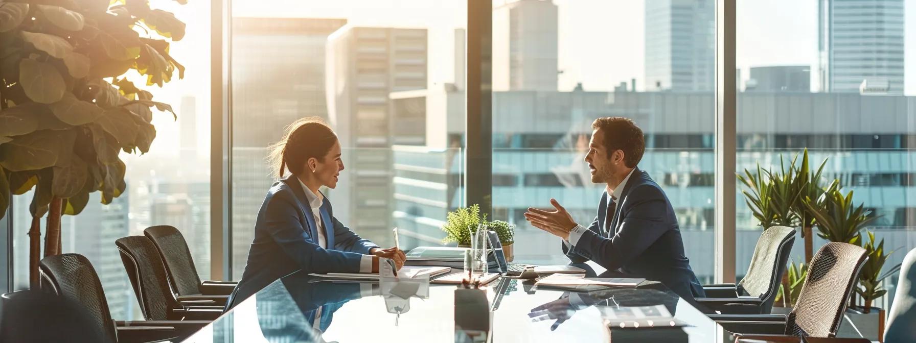 a sophisticated office setting features a professional discussion between two individuals at a sleek conference table, flanked by financial documents and a digital tax chart, conveying the complexities of spousal support and tax implications in divorce proceedings. a sophisticated office setting features a professional discussion between two individuals at a sleek conference table, flanked by financial documents and a digital tax chart, conveying the complexities of spousal support and tax implications in divorce proceedings.
