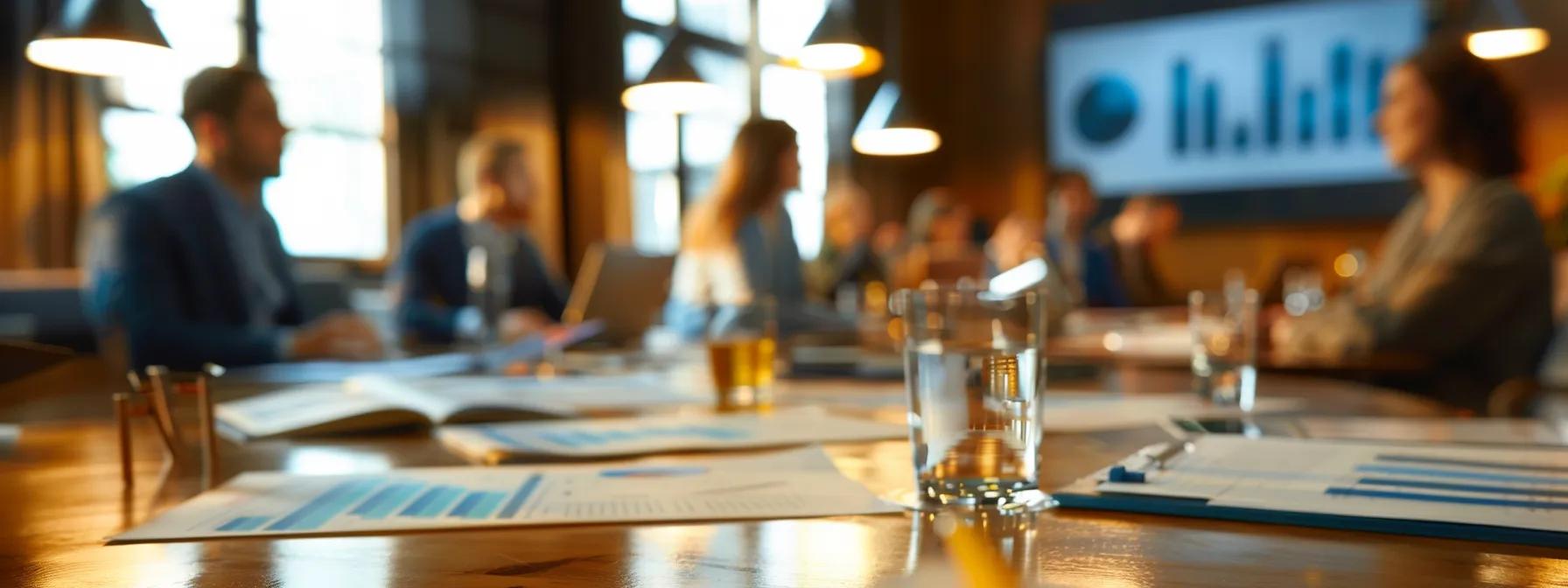 a polished conference room filled with legal documents and financial charts, showcasing a professional discussion on spousal support calculations, with focused individuals engaged in dialogue around a large wooden table under soft, warm lighting. a polished conference room filled with legal documents and financial charts, showcasing a professional discussion on spousal support calculations, with focused individuals engaged in dialogue around a large wooden table under soft, warm lighting.