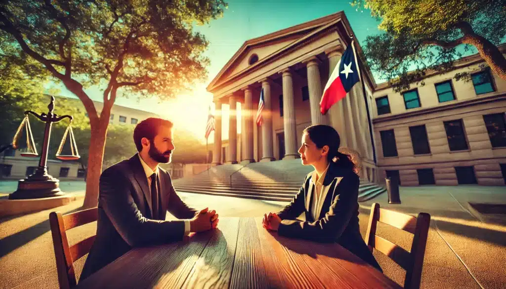 A cinematic, wide-angle, photo-realistic image of a thoughtful legal discussion in a summer setting outside a courthouse. Two individuals, one representing a legal guardian and the other a lawyer, are engaged in conversation, with warm sunlight casting a glow on the scene. The courthouse steps and subtle Texas flags are visible in the background, with vibrant green trees completing the summer ambiance. The image conveys professionalism, collaboration, and the theme of legal responsibility. No words, cameras, or equipment visible.