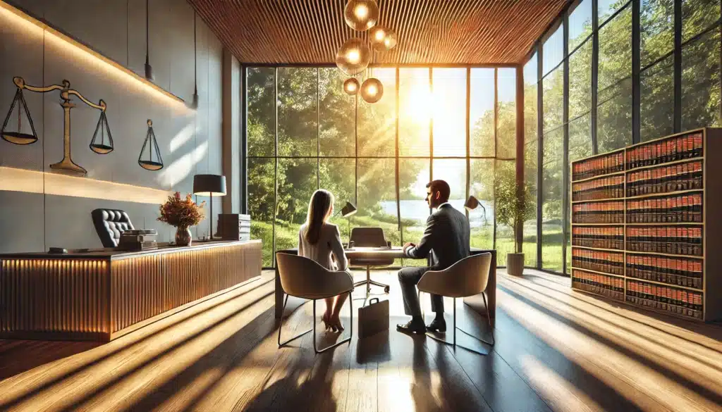 A wide-angle, photo-realistic, cinematic image capturing an international child custody attorney in River Oaks, Texas, having a professional discussion with a client in a well-lit, modern office. The office features large windows with a sunny summer view of lush greenery outside, creating warm summer vibes. The attorney is seated at a sleek desk with legal documents and a laptop, while the client sits opposite, attentively listening. The atmosphere is professional yet approachable, emphasizing trust and expertise.
