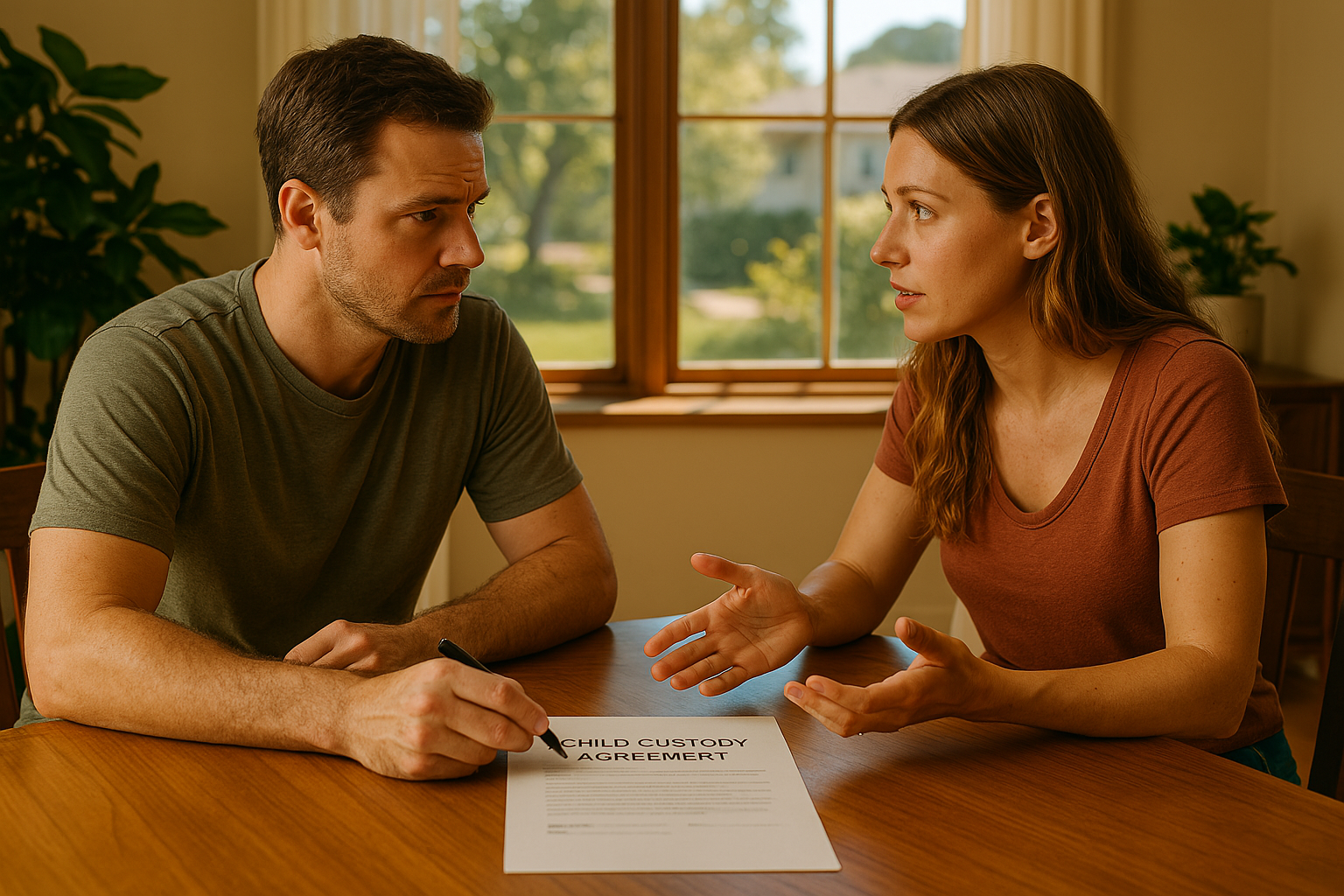 An image showing two parents discussing a child custody agreement.