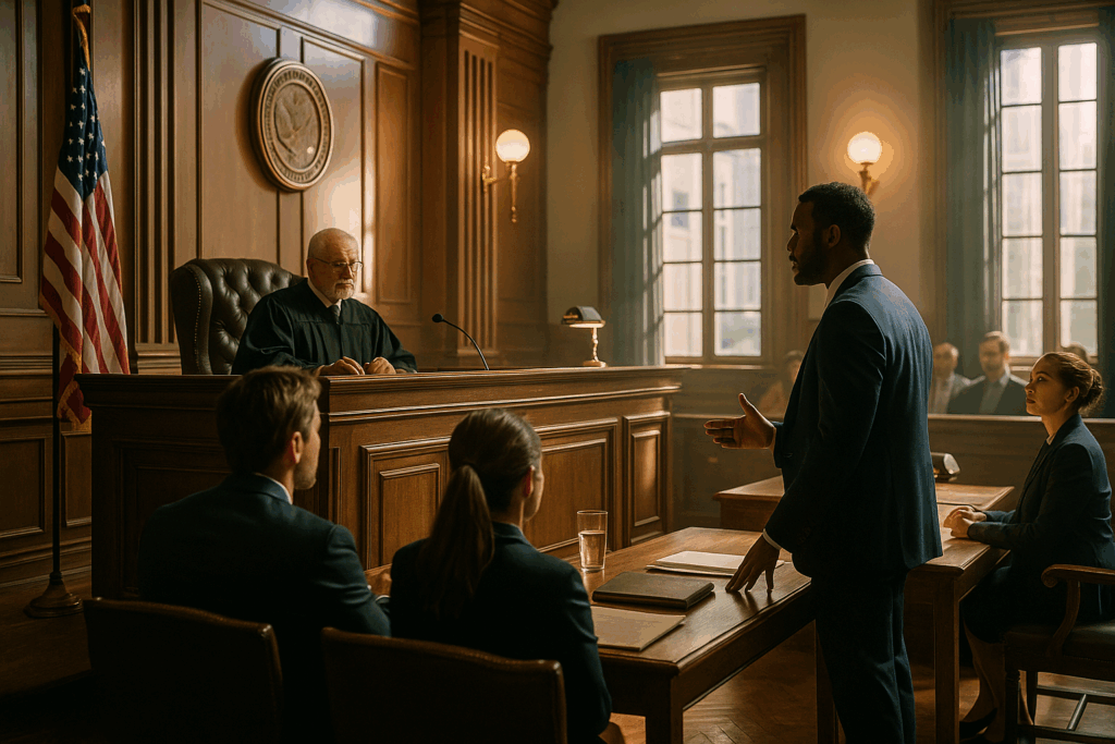 A courtroom scene illustrating local court experience.